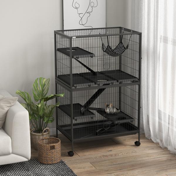 Gaiola para Roedores 80x52x128 cm Casa de 4 Alturas com Rampas Suspensa Rede Bandeja Removível Rodas Cinza Escuro