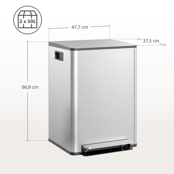 Balde de Lixo de Cozinha com 2 Compartimentos 2x30L Pedal Fechamento Suave e Cubo Amovível Prata