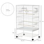 Gaiola para Pássaros com Rodas Bandeja Amovível 4 Portas Comedouros e Prateleira de Armazenamento 78x52x132cm Branco