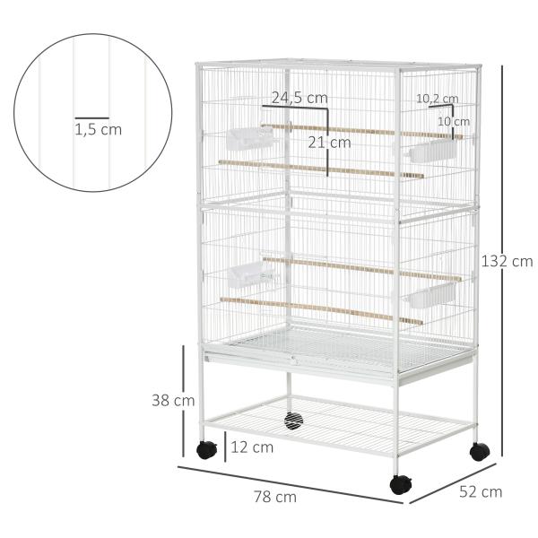 Gaiola para Pássaros com Rodas Bandeja Amovível 4 Portas Comedouros e Prateleira de Armazenamento 78x52x132cm Branco