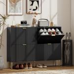 Sapateira Estreita com 4 Portas Caneladas e Estantes Ajustáveis para 20 Pares 105x24x91,5 cm Preto