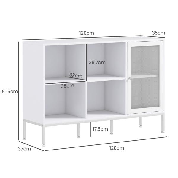 Aparador de Cozinha com Porta de Malha 4 Compartimentos Abertos e Estante Ajustável para Sala 120x37x81,5 cm Branco