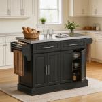 Ilha de Cozinha com Rodas Bancada de Aço Inoxidável 2 Gavetas 4 Portas e 2 Prateleiras Ajustáveis 145x45x93 cm Preto