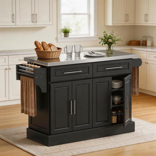 Ilha de Cozinha com Rodas Bancada de Aço Inoxidável 2 Gavetas 4 Portas e 2 Prateleiras Ajustáveis 145x45x93 cm Preto