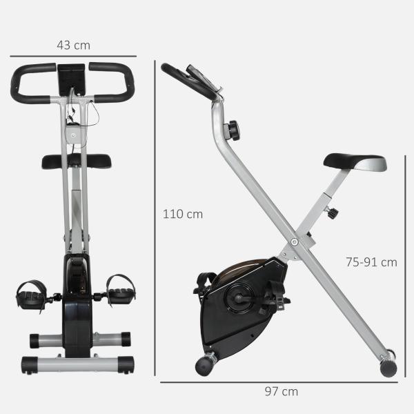 Bicicleta Estática Dobrável Silenciosa com 8 Níveis de Resistência, Monitor LCD, Assento Ajustável e Rodas, Cinzento