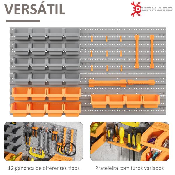 Prateleira de Parede Organizador de Ferramentas com 28 Caixas Empilháveis ​​e Ganchos 95,5x22,5x53,5 cm Cinza e Laranja