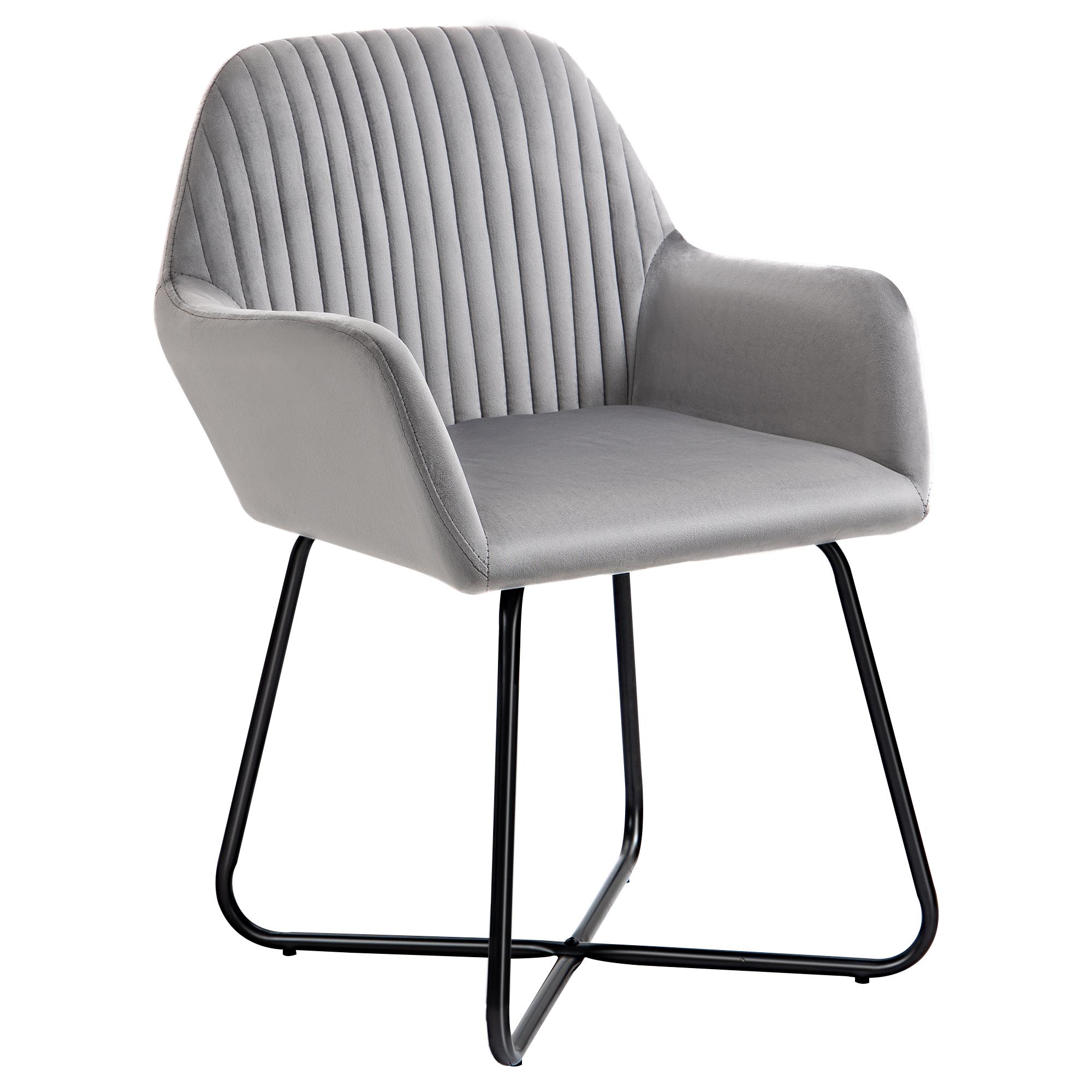 Cadeira de Sala de Jantar Estofada em Veludo com Base Metálica Cruzada Cadeira de Leitura 60x56,5x85 cm Cinza
