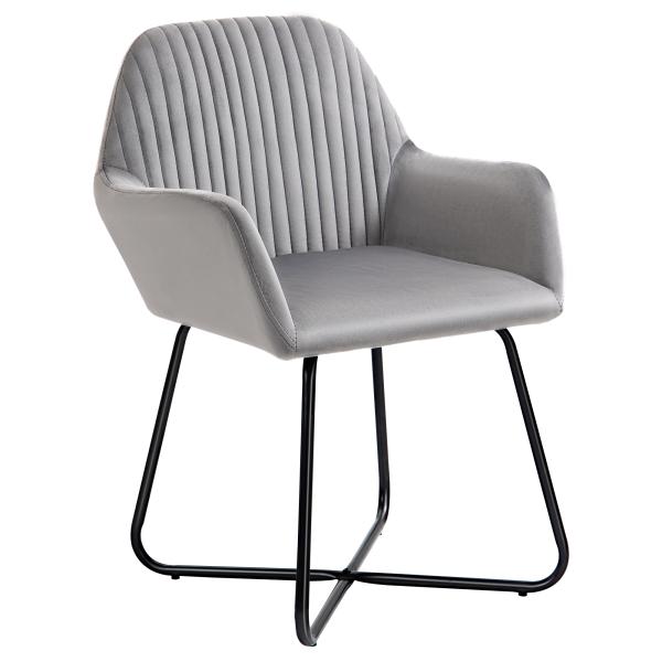 Cadeira de Sala de Jantar Estofada em Veludo com Base Metálica Cruzada Cadeira de Leitura 60x56,5x85 cm Cinza