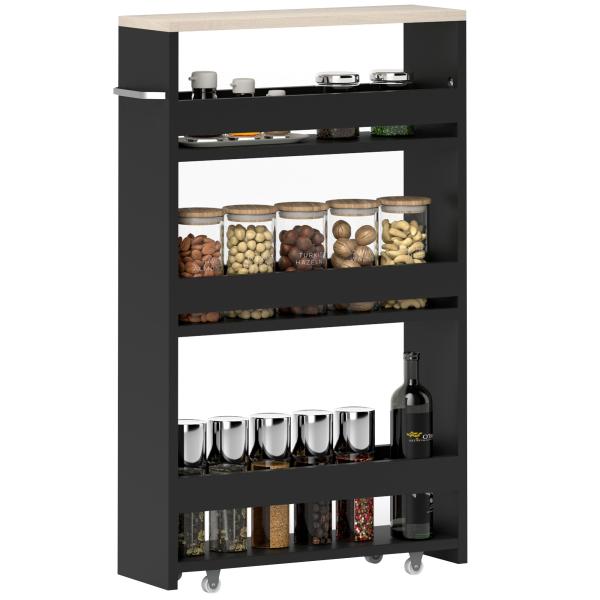 Estante de Armazenamento Casa de Banho de 3 Níveis Estante Estreita com Alça Lateral Estante com Rodas 48x15x80cm Preto