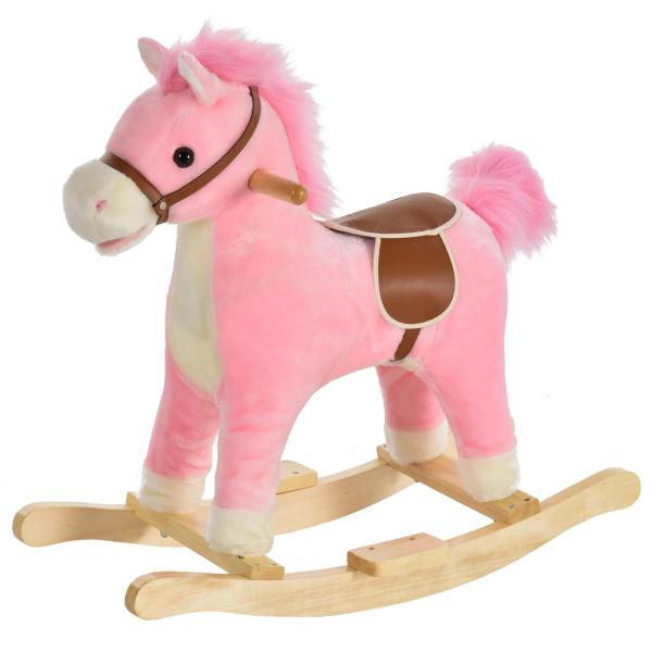 Cavalo Baloiço para Crianças Cavalo Baloiço de Pelúcia Suave com Música Relinchos Sons de Galope Boca e Cauda Móveis 65x32,5x61 cm Rosa