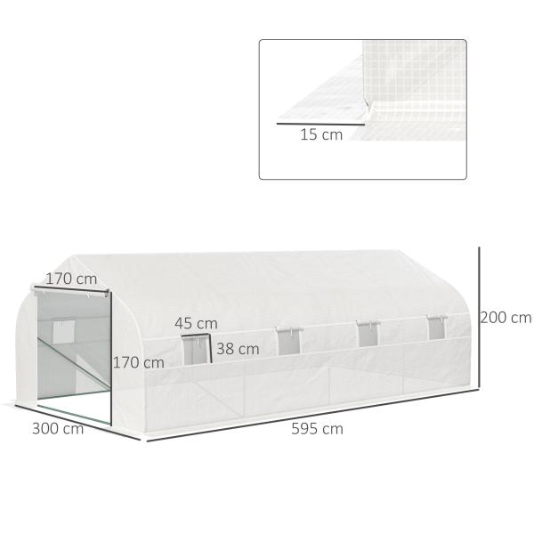 Estufa Tipo Túnel de Jardim 600x300x200cm para Cultivo de Plantas Verduras com 8 Janelas e Porta Enroláveis com Zíper Aço Branco