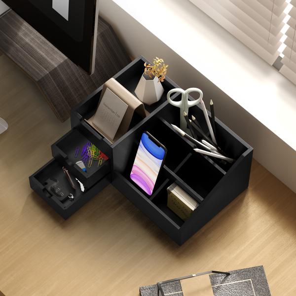 Organizador para Secretária de Bambu Organizador de Mesa de Escritório Multifuncional 33x20,5x15,5 cm Preto