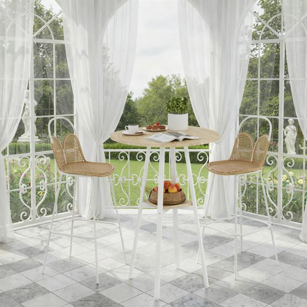 Mesa Alta de Cozinha Redonda com Prateleira de Armazenamento para 2 Pessoas com Estrutura de Metal 55x55x95 cm Madeira e Branco