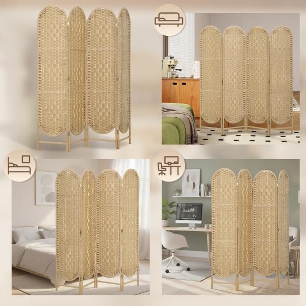 Biombo Separador de 4 Painéis 160x170 cm Painel de Privacidade Dobrável Boémio com Topo Arqueado Entrançado à Mão Madeira