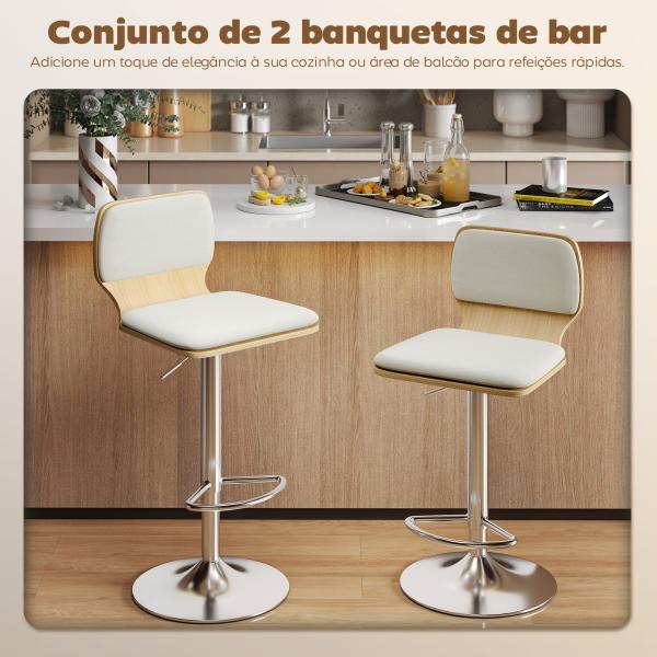 Conjunto de 2 Bancos de Bar Giratórios com Altura Ajustável Estofados em Tecido Tipo Linho com Base em Aço 41x47,5x81 - 102 cm Bege