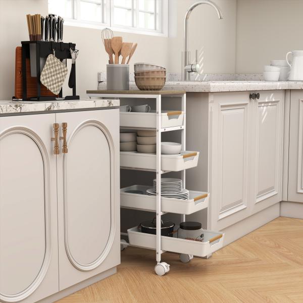 Carrinho de Cozinha de Armazenamento de 5 Níveis Carrinho Auxiliar com Rodas Bancada com Efeito Madeira 39,5x24x82 cm Branco