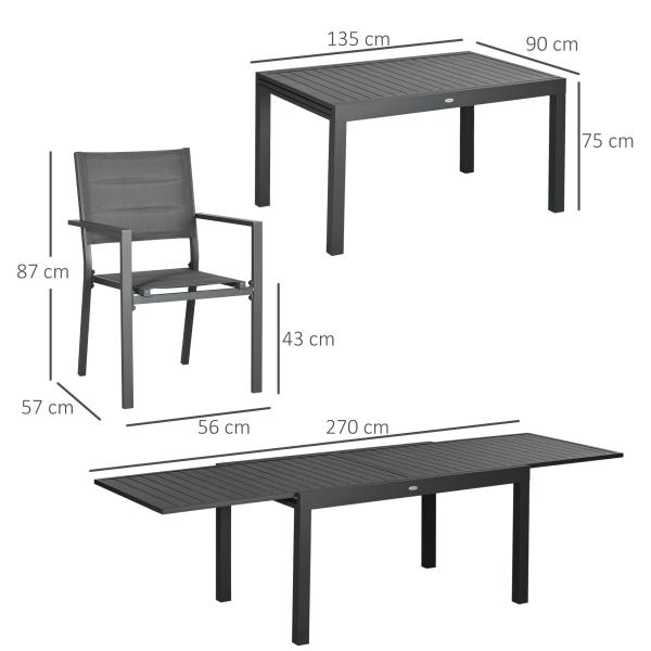 Conjunto de Jardim Refeição de 9 Peças com Mesa Extensível 8 Cadeiras Empilháveis 135 - 270x89x74cm Cinza