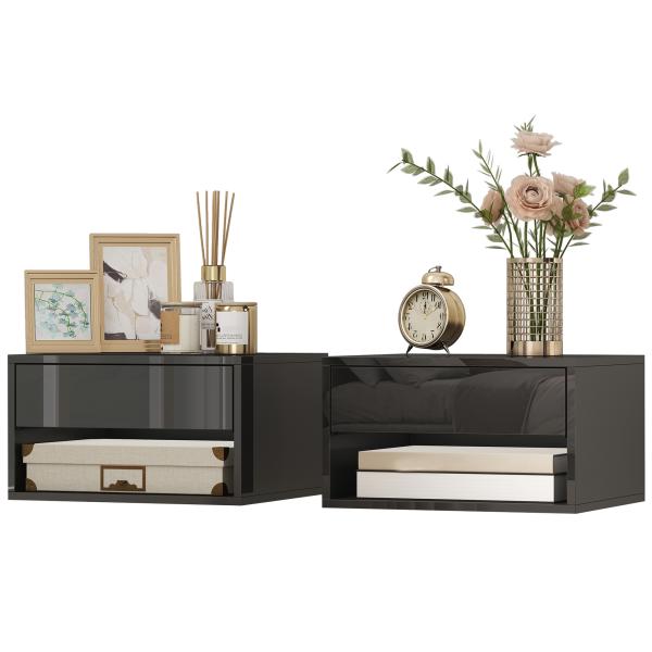 Conjunto de 2 Mesas de Cabeceira Suspensas com Gaveta Prateleira Aberta para Quarto 37x32x21 cm Preto Brilhante