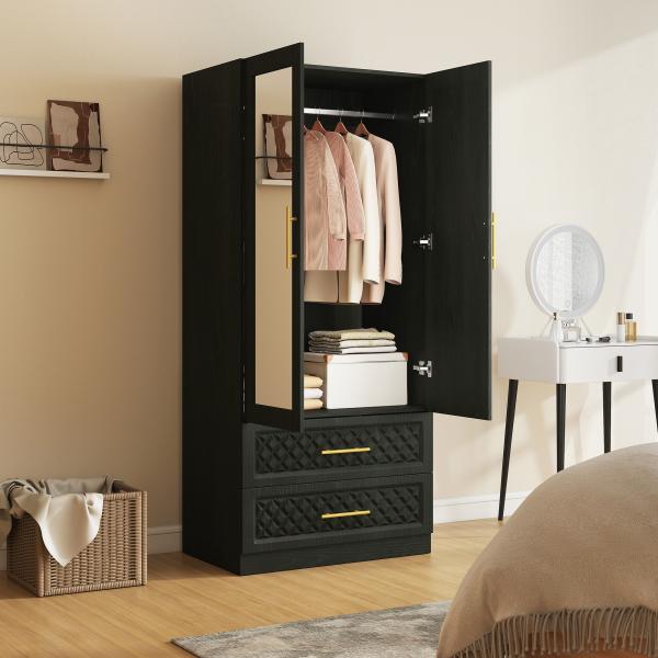 Roupeiro com Espelho 2 Portas e 2 Gavetas Relevo de Diamante Barra para Pendurar Estilo Moderno 80x50x180 cm Preto
