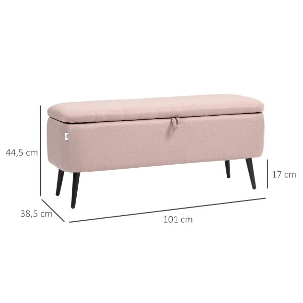 Banco de Armazenamento Estofado em Linho com Tampa Abatível e Pés de Aço Carga Máxima 150kg 101x38,5x44,5 cm Rosa