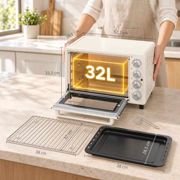 Forno Elétrico de Bancada 32L 1600W com 3 Modos de Calor, Temporizador e Temperatura Regulável, 52,2x38,1x33,5 cm, Creme