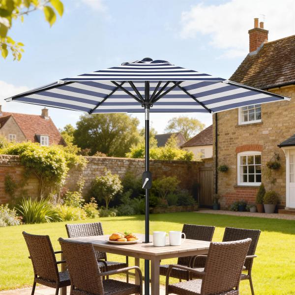 Chapéu de Sol Exterior Ø230 cm com Ângulo Ajustável e Manivela Impermeável Azul e Branco