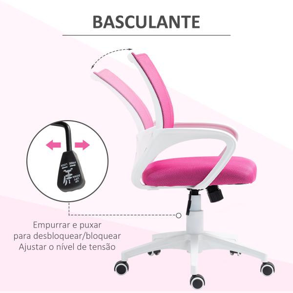 Cadeira de Escritório de Malha Giratória com Altura Ajustável Função Basculante e Apoio para os Braços 57x55x89 - 109 cm Rosa