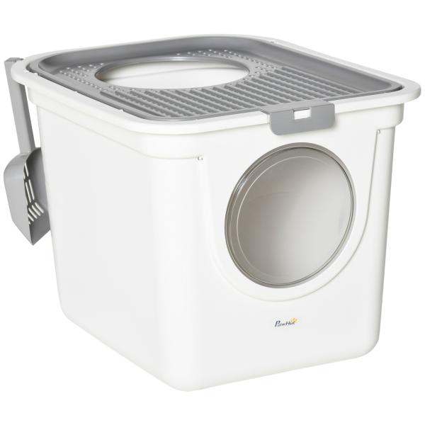 Caixa de Areia para Gatos com Pá Sanita para Animais de Estimação com 2 Portas 44x55x39 cm Branco e Cinza