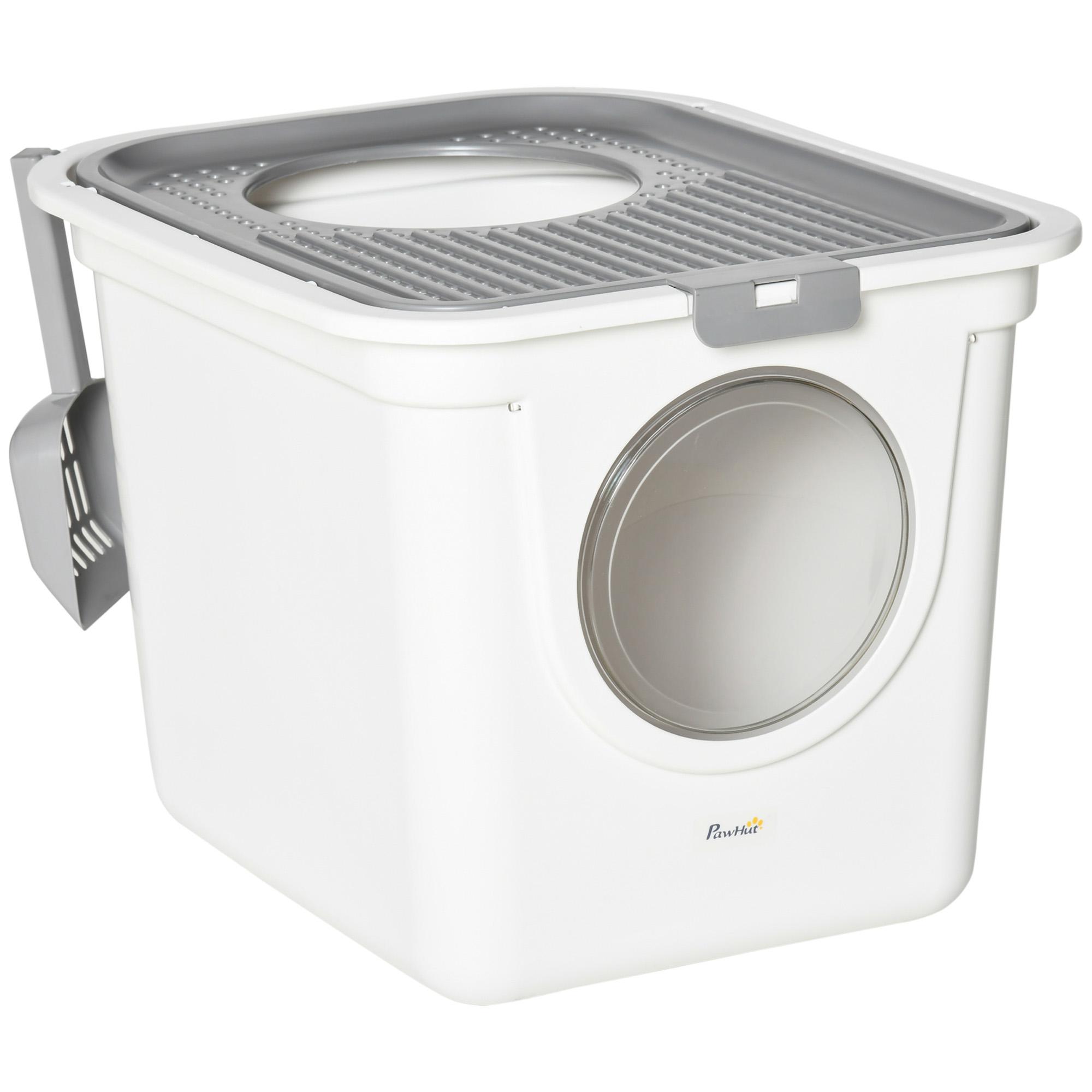 Caixa de Areia para Gatos com Pá Sanita para Animais de Estimação com 2 Portas 44x55x39 cm Branco e Cinza