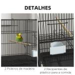 Gaiola para Pássaros com Rodas 77x46x119 cm Bandeja Amovível 2 Poleiros 2 Comedouros e Prateleira de Armazenamento Preto