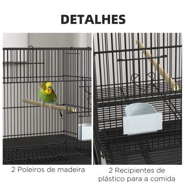 Gaiola para Pássaros com Rodas 77x46x119 cm Bandeja Amovível 2 Poleiros 2 Comedouros e Prateleira de Armazenamento Preto