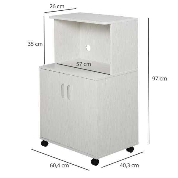 Armário Auxiliar para Micro - ondas Armário de Cozinha Baixo com Armário de 2 Portas e Prateleira Ajustável com Rodas Carga 70 kg 60,4x40,3x97 cm Branco