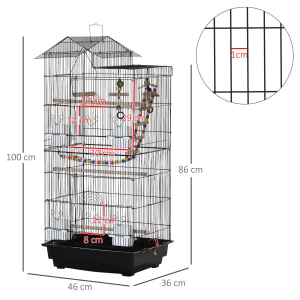 Gaiola para Passáros Gaiola de Metal com Múltiplas Portas 4 Comedouros 3 Poleiros Baloiço Escadas e Bandeja Removível para Periquitos Canários 46x36x100cm Preto