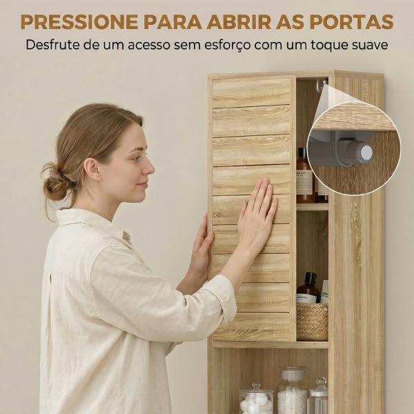 Coluna Casa de Banho Armário Alto de Casa de Banho com Prateleiras Ajustáveis Portas de Ripas Abertura por Pressão 34x23x170 cm Madeira