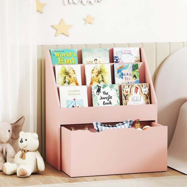 Estante para Livros Infantil de 4 Níveis com 3 Prateleiras e 1 Gaveta com Rodas 62,5x30x70 cm Rosa