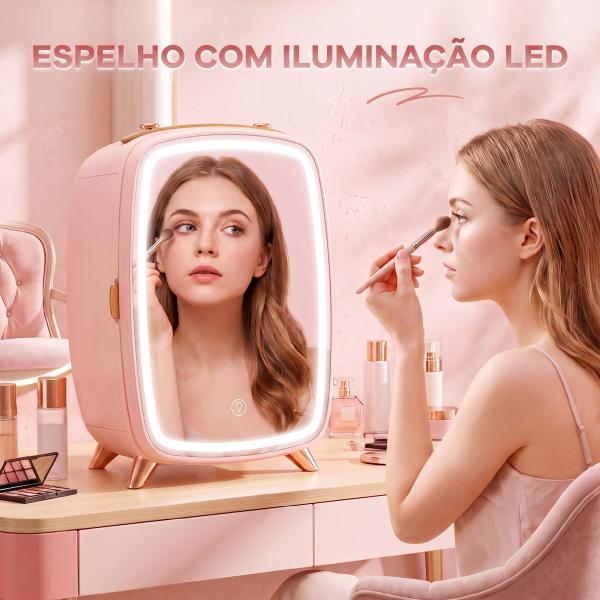 Mini Frigorífico para Cosméticos com 6 L, Porta com Espelho e Luzes LED Ajustáveis, Rosa, 24,3 x 19,4 x 35,6 cm