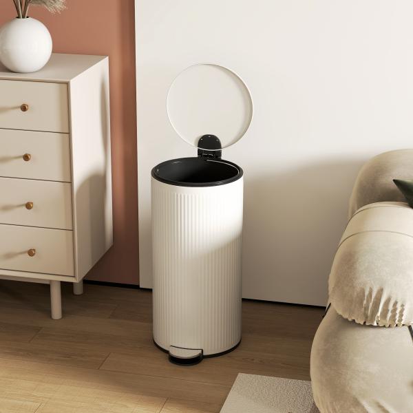 Balde do Lixo para Cozinha com Pedal 30L Cubo de Lixo Metálico com Tampa de Fecho Suave e Balde Removível 36x30x60,5 cm Creme