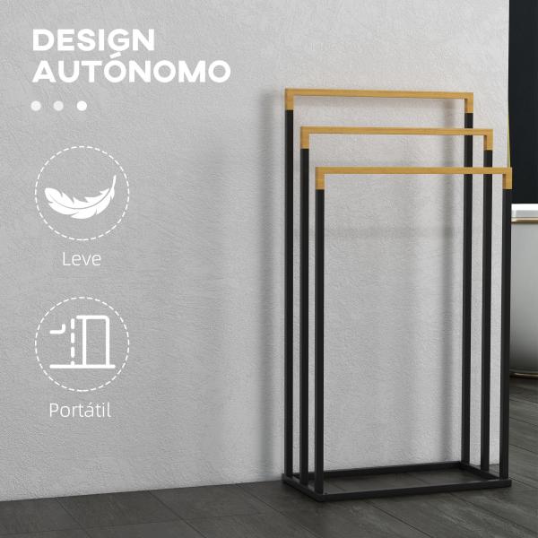 Toalheiro de Pé de 3 Níveis em Forma de Escada com 3 Barras de Bambu e Estrutura de Aço 45x22,5x86 cm Preto e Natural