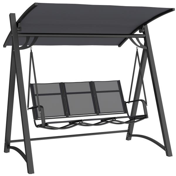 Baloiço de Jardim de 3 Lugares com Teto Ajustável UPF50+ Assento Transpirável e Estrutura em Metal 188x130x183 cm Cinza