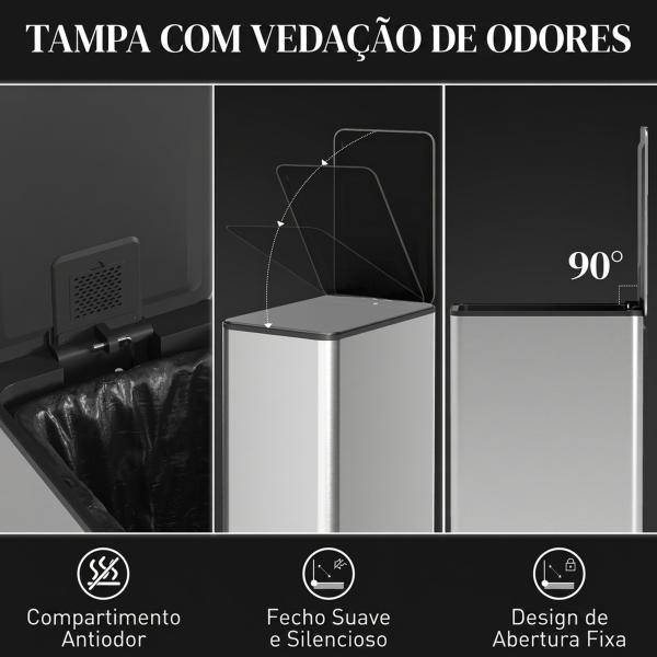 Caixote do Lixo de Cozinha 20 L em Aço Inoxidável com Tampa de Fecho Suave, Pedal e Balde Amovível, Prateado