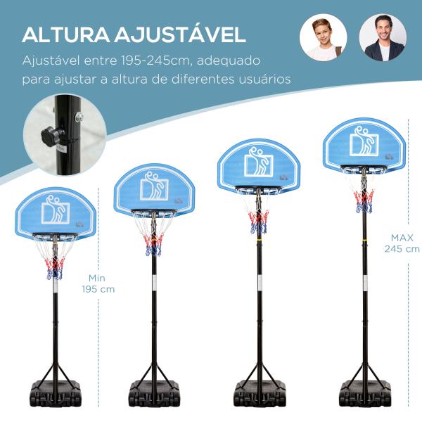 Tabela de Basquetebol com Altura Ajustável 160 - 210cm Rodas e Base Recarregável 76x70x197,5 - 254cm Preto e Azul