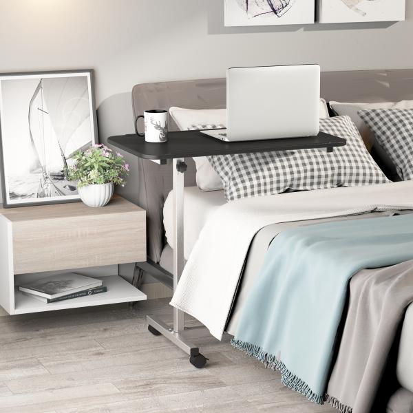 Mesa Auxiliar com Rodas Mesa para Sofá ou Cama com Altura Ajustável e Estrutura de Metal 77x40x76 - 100 cm Preto e Prata