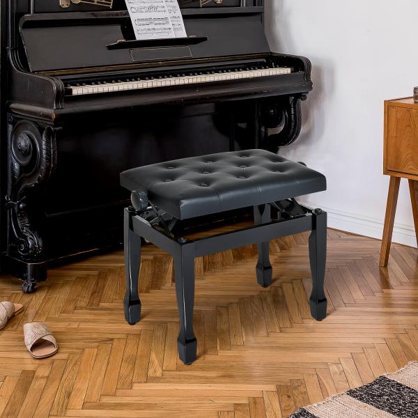 Banco de Piano Altura Ajustável Assento de Couro Sintético Pernas em Madeira 64x35x55 cm Preto