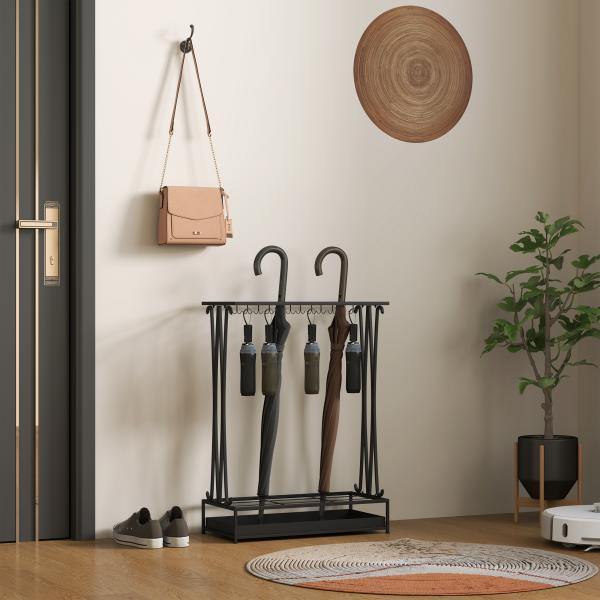 Suporte para Guarda - Chuva Moderno Retangular com 24 Ganchos 21 Espaços e Bandeja Recolhedora de Gotas 50x24x68 cm Preto