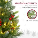 Árvore de Natal de Mesa 60 cm com 20 Luzes LED 141 Ramos 5 Pinhas 5 Cachos de Bagas Vermelhas e Suporte de Metal Verde