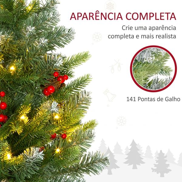 Árvore de Natal de Mesa 60 cm com 20 Luzes LED 141 Ramos 5 Pinhas 5 Cachos de Bagas Vermelhas e Suporte de Metal Verde