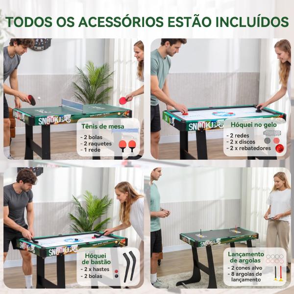 Mesa de Jogos 6 em 1 Dobrável Bilhar Matraquilho Ping Pong Lançamento de Anéis Hóquei com Bastão e Hóquei com Discos 118x104x71cm Multicor