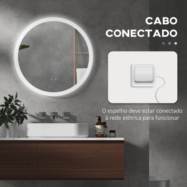 Espelho Casa de Banho Redondo com Luzes LED 70x70 cm Função Antiembaciamento 3 Luzes Função de Memória e Interruptor Tátil Prata