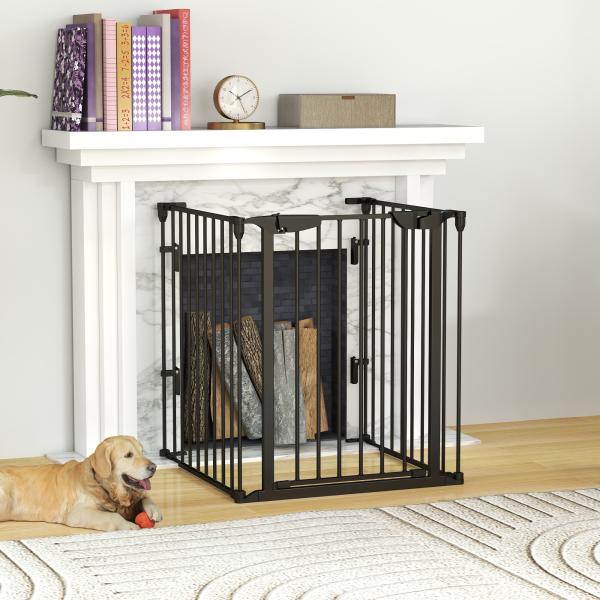 Barreira de Segurança para Animais de Estimação Barreira Dobrável de 3 Painéis com Fechadura Inteligente para Corredor Escada 180x74,5cm Preto