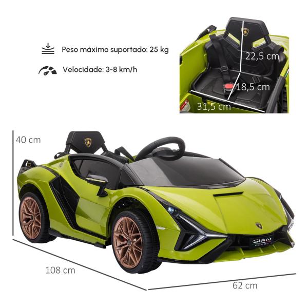 Carro Elétrico Infantil Lamborghini SIAN 12V para Crianças de 3 - 8 anos com Controle Remoto Abertura da Porta Música MP3 USB e Faróis 108x62x40 cm Verde